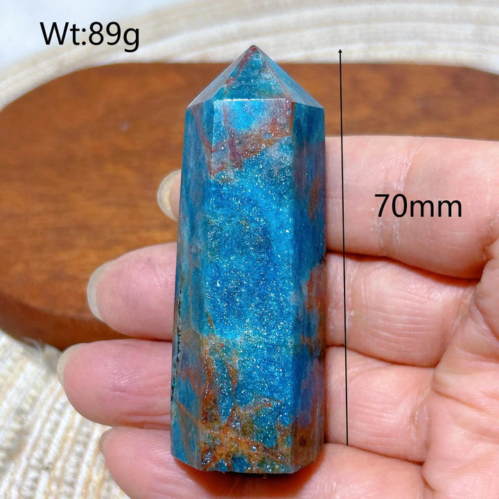 70mm Natural Blue Apatite crystal tower with flashy mineral inclusions, perfect for Reiki healing and home decor.