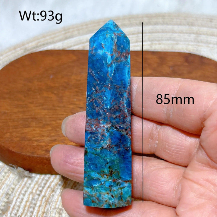 85mm natural blue flashy apatite crystal tower, a high-quality healing gemstone point for Reiki and home decor.