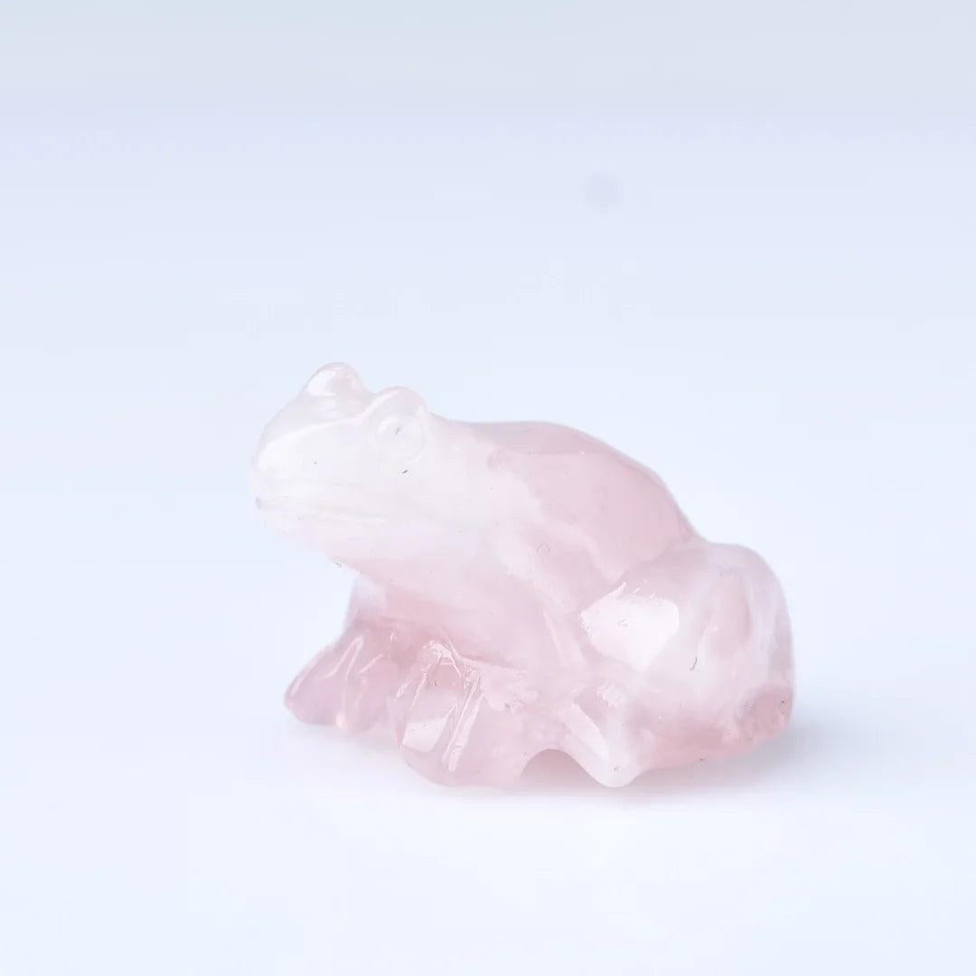 Natural Rose Quartz Crystal Carved Frog Figurine for transformation, abundance, and renewal.