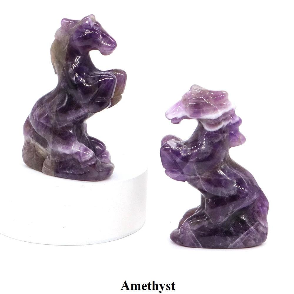 Hand-carved Amethyst crystal horse figurine, a polished purple stone statue for Third Eye chakra healing and decor.