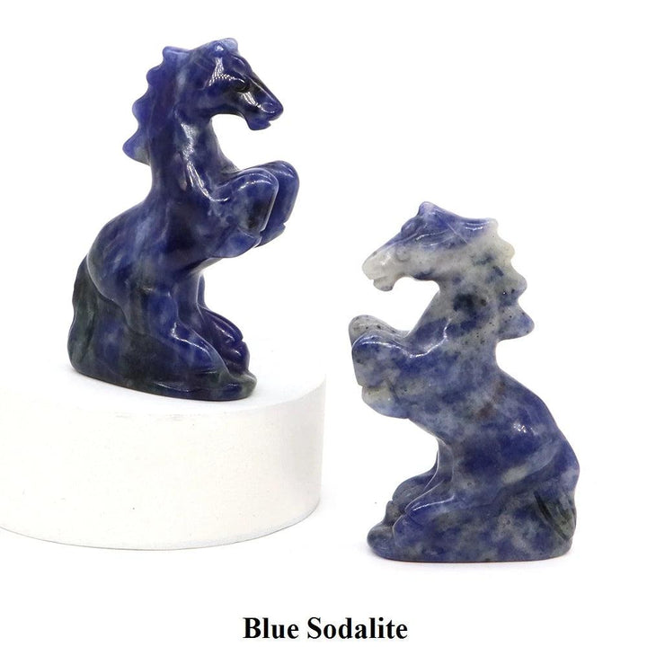 Hand-carved Blue Sodalite horse figurine, a polished crystal statue for Third Eye chakra grounding and strength.