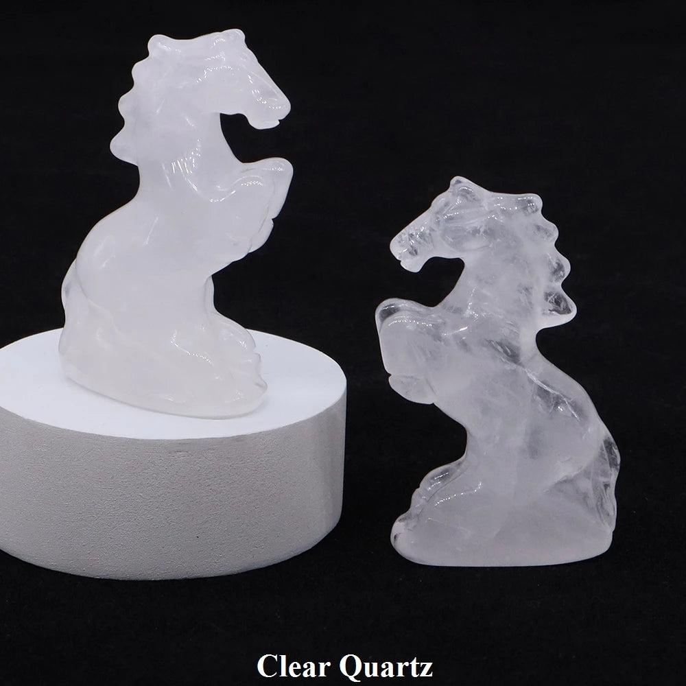 Hand-carved Clear Quartz horse figurine, a polished crystal statue for strength and clarity, measuring 50x29x15 mm.