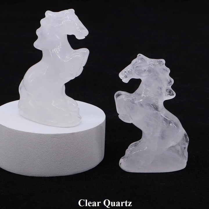 Hand-carved Clear Quartz horse figurine, a polished crystal statue for strength and clarity, measuring 50x29x15 mm.