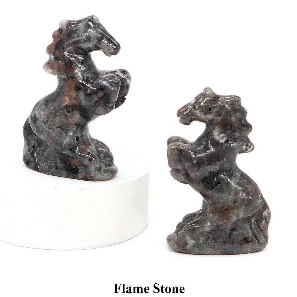 Hand-carved Flame Stone horse figurine, a polished crystal statue for grounding energy and spirited home decor.