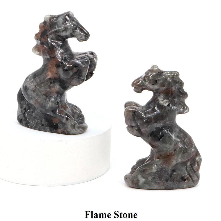 Hand-carved Flame Stone horse figurine, a polished crystal statue for grounding energy and spirited home decor.