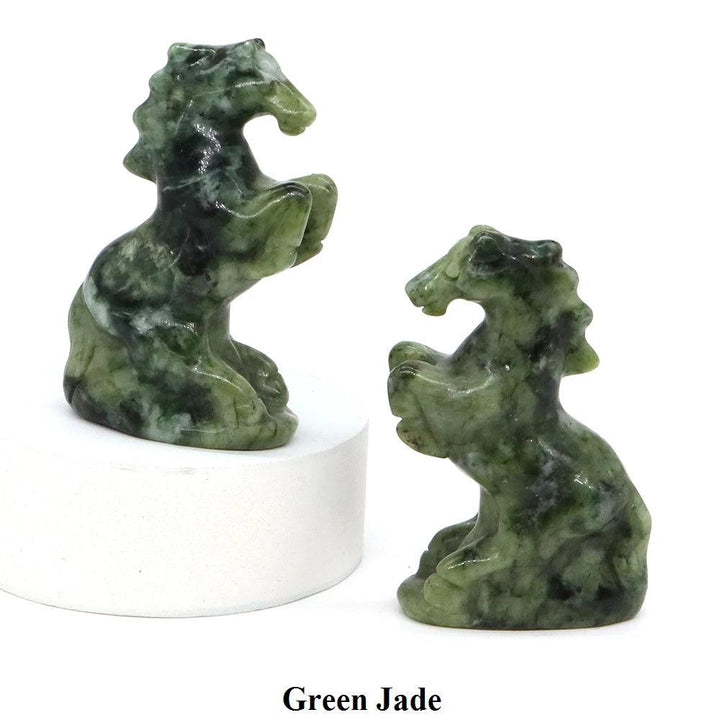 Hand-carved Green Jade horse figurine, a polished crystal statue for grounding energy and spirited home decor.