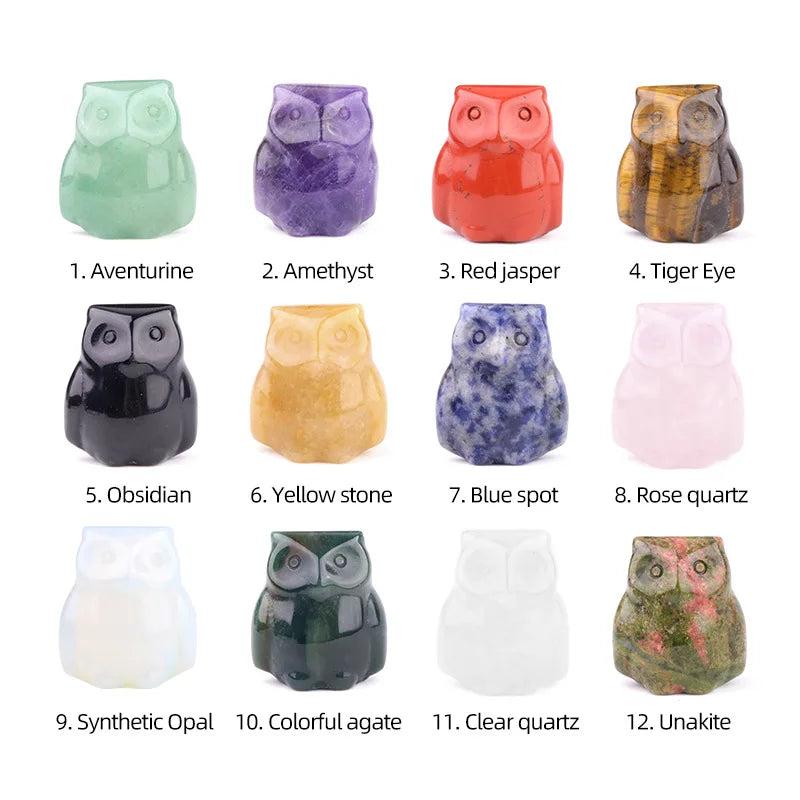 Assorted natural crystal carved mini owl figurines, including Aventurine, Amethyst, and Rose Quartz, for wisdom and intuition.