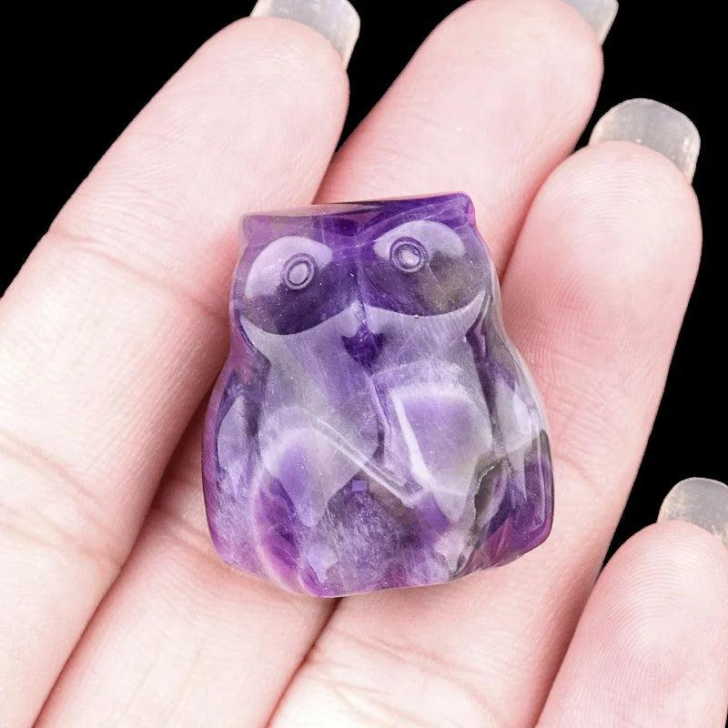Amethyst Natural Crystal Carved Mini Owl Figurine Totem Statue, a polished purple stone for wisdom and intuition.
