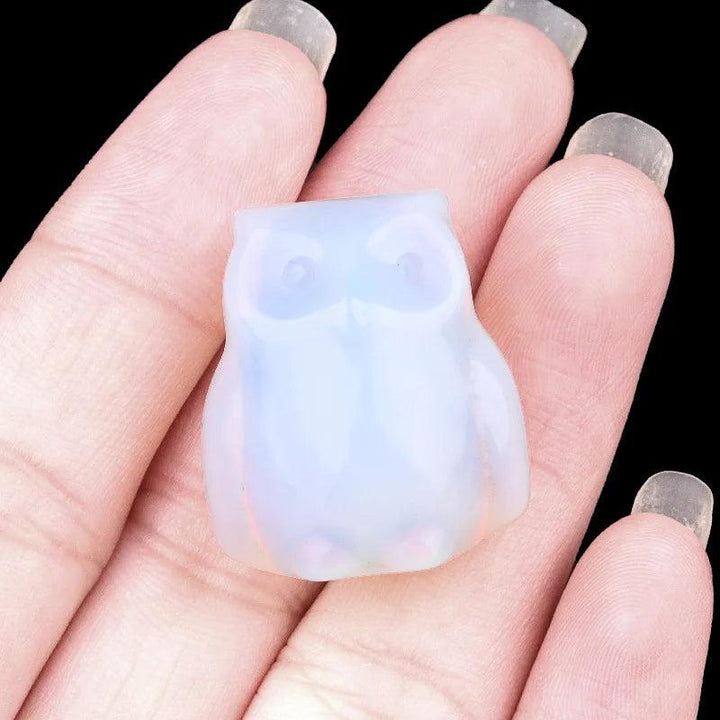 Synthetic Opal Natural Crystal Carved Mini Owl Figurine, a milky white, smooth 25mm totem statue for wisdom and intuition.