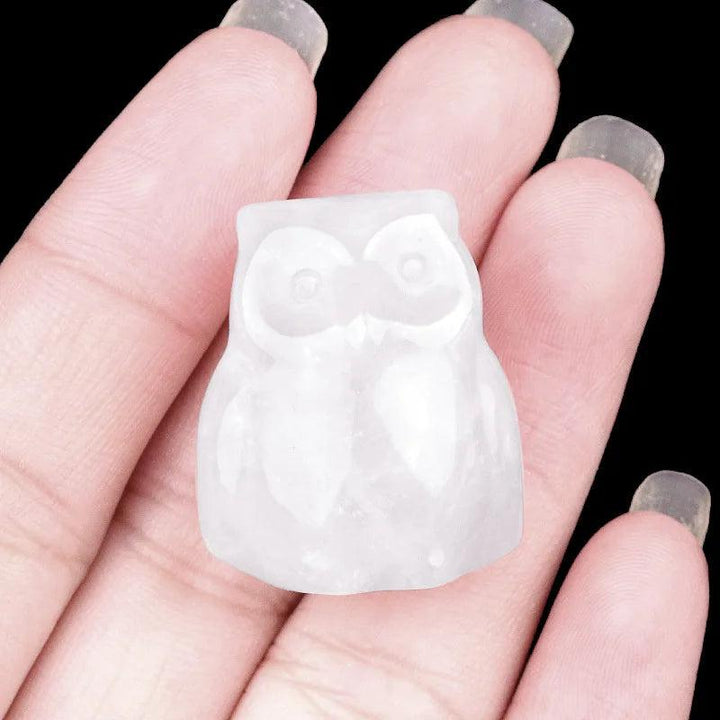Clear Quartz Natural Crystal Carved Mini Owl Figurine, a symbol of wisdom and intuition, held in a palm.