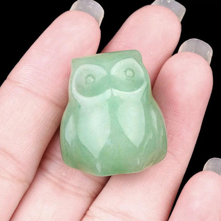 Green Aventurine Natural Crystal Carved Mini Owl Figurine Totem Statue, symbolizing wisdom and intuition.