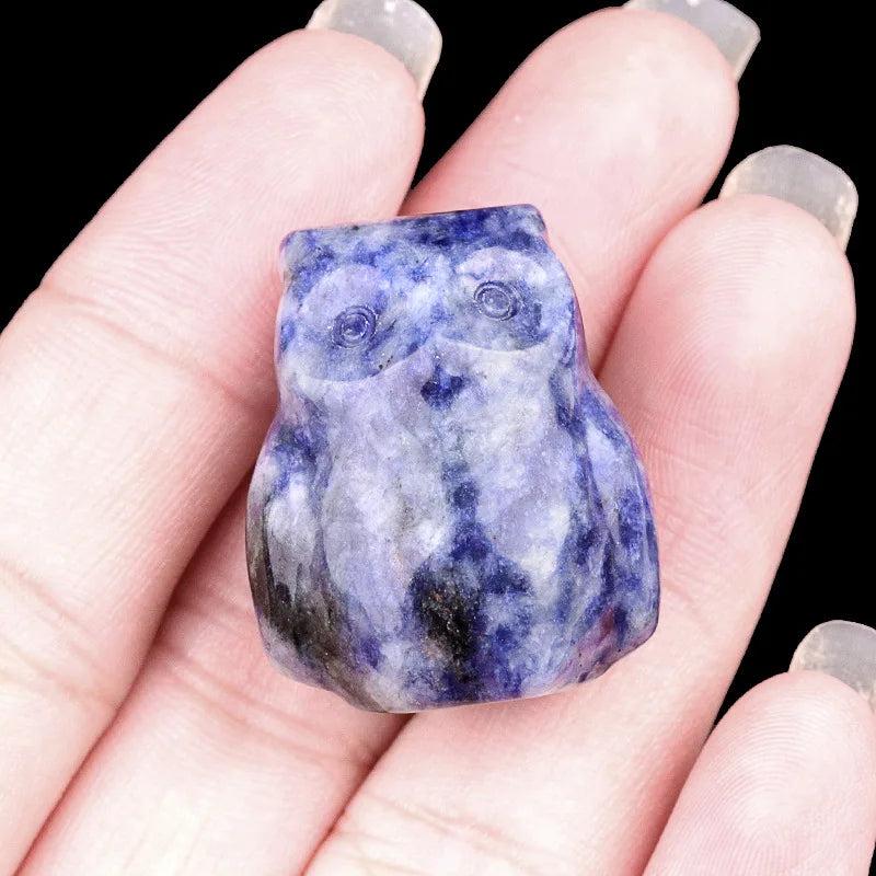 Hand-carved blue Sodalite mini owl figurine, approximately 25mm, for wisdom and intuition energy.
