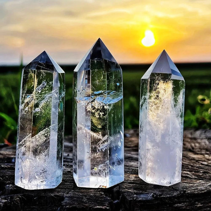 Three clear quartz hexagonal obelisk wands with natural inclusions, glowing against a sunset for healing energy decor.
