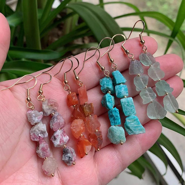 Natural Crystal Earrings for Women with irregular raw quartz, lapis, and tourmaline in pink, orange, blue, and green.