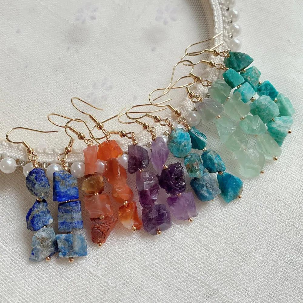 Natural Crystal Earrings for Women: Irregular raw Lapis, Carnelian, Amethyst, Amazonite, and Quartz drop earrings with gold-color hooks.