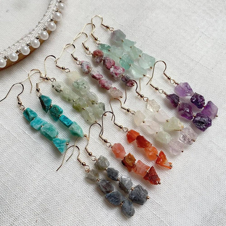 Natural Crystal Earrings for Women: Irregular ore quartz, amethyst, and other raw stone drop earrings with gold-color hooks.