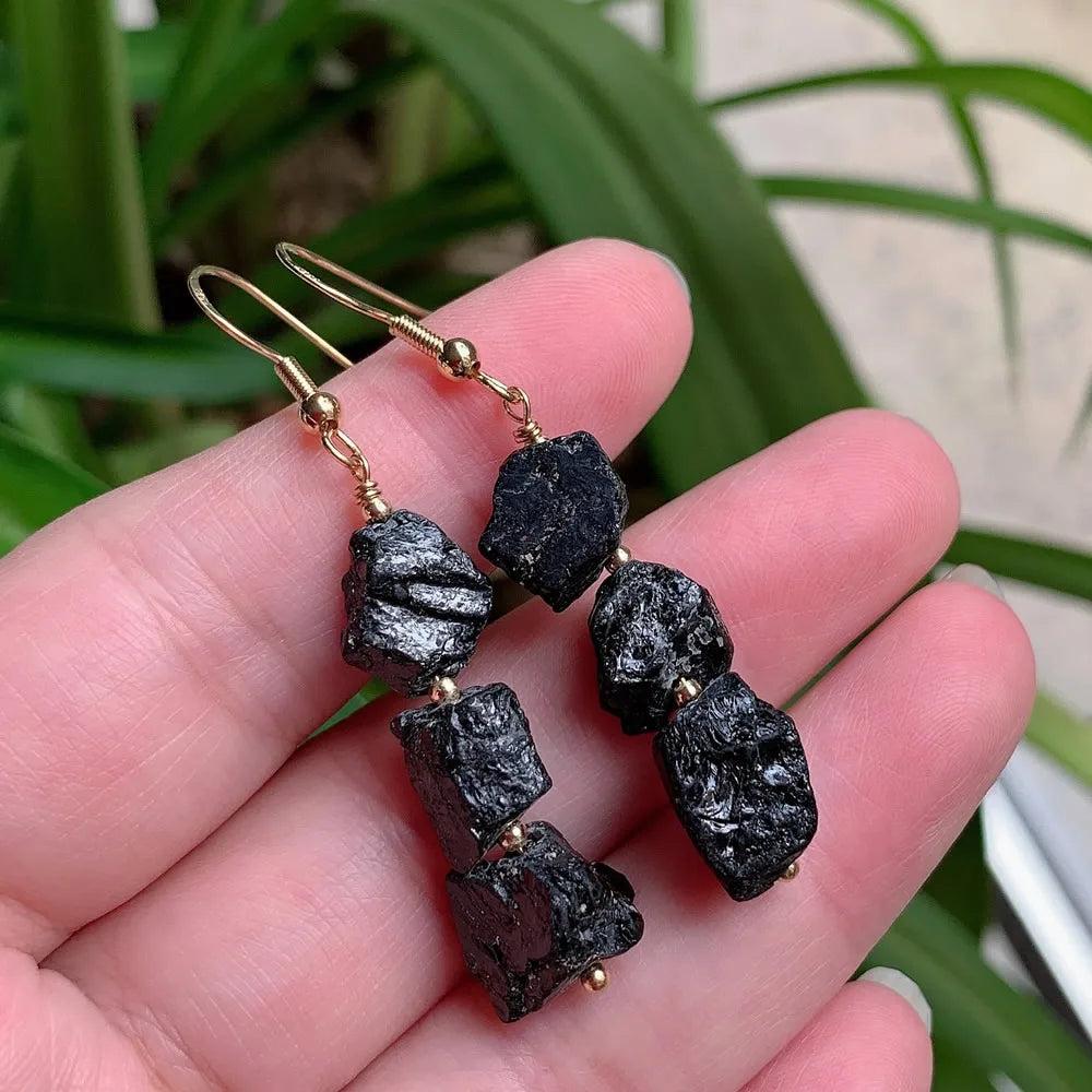 Vintage Natural Black Tourmaline drop earrings with gold-color stainless steel hooks, perfect for women seeking protection.
