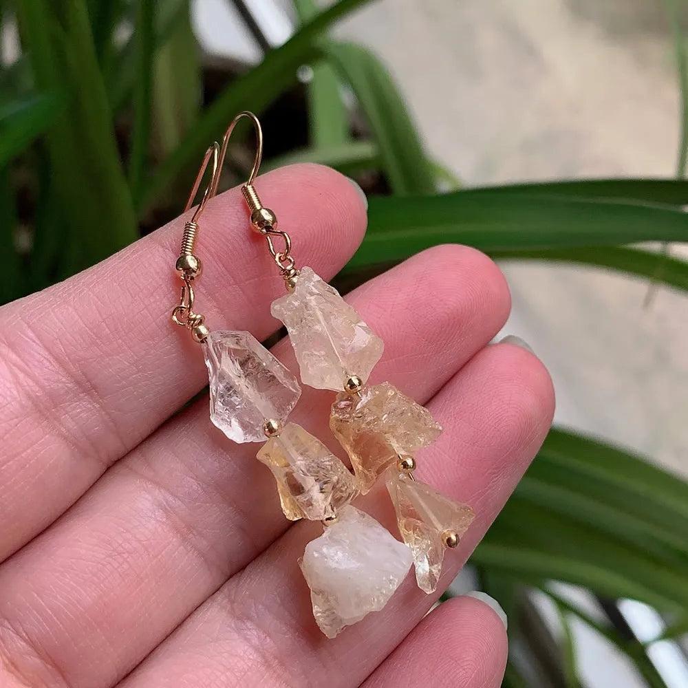 Vintage Natural Crystal Earrings for Women with irregular raw quartz and gold-color stainless steel hooks.