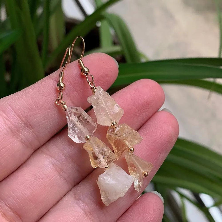 Vintage Natural Crystal Earrings for Women with irregular raw quartz and gold-color stainless steel hooks.