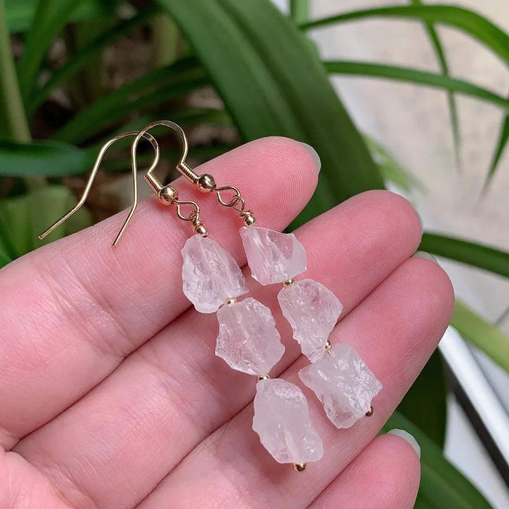 Natural Crystal Earrings for Women featuring raw, clear quartz stones on elegant gold-color stainless steel hooks.