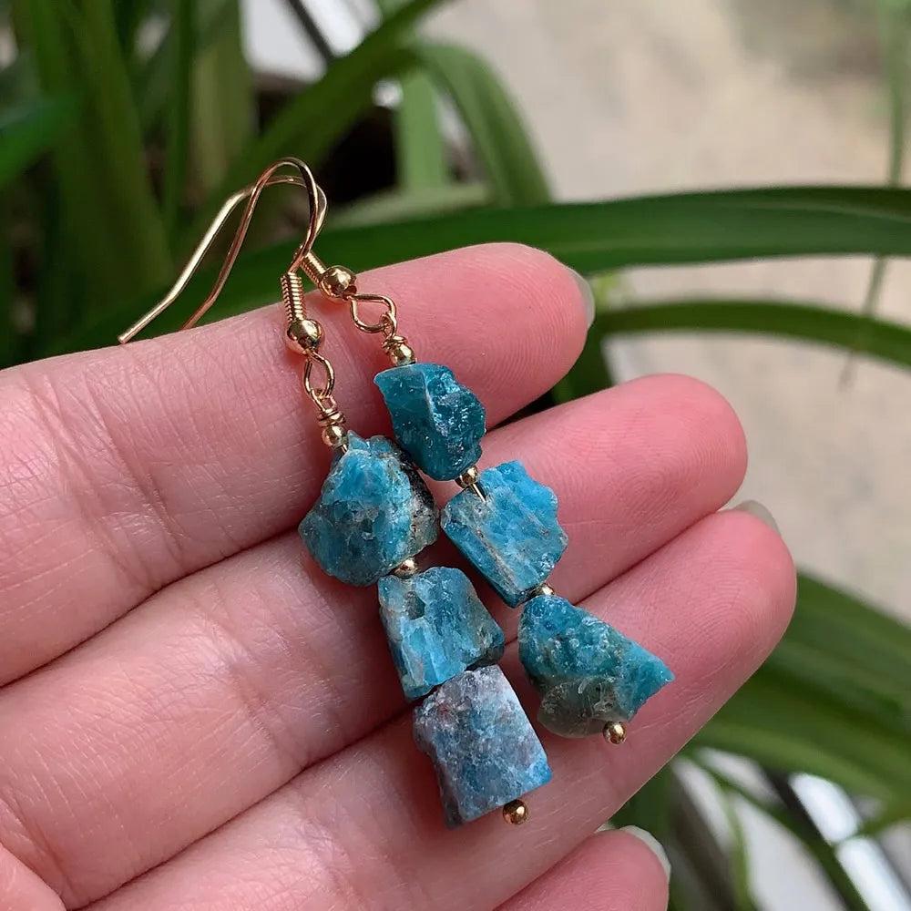Vintage Natural Crystal Earrings: Irregular blue apatite ore, gold-color stainless steel drop earrings.