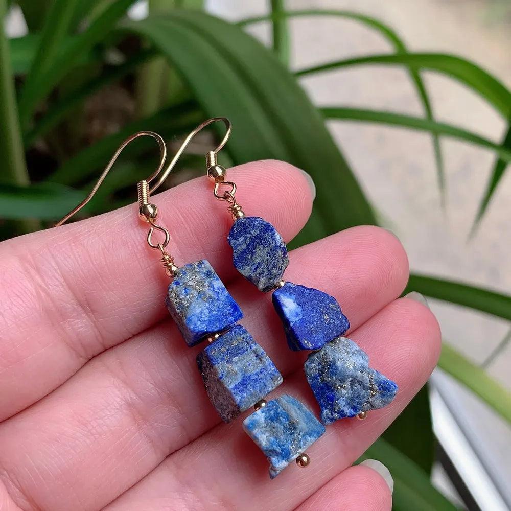 Natural Lapis Lazuli drop earrings with irregular blue ore quartz and gold-color stainless steel hooks.