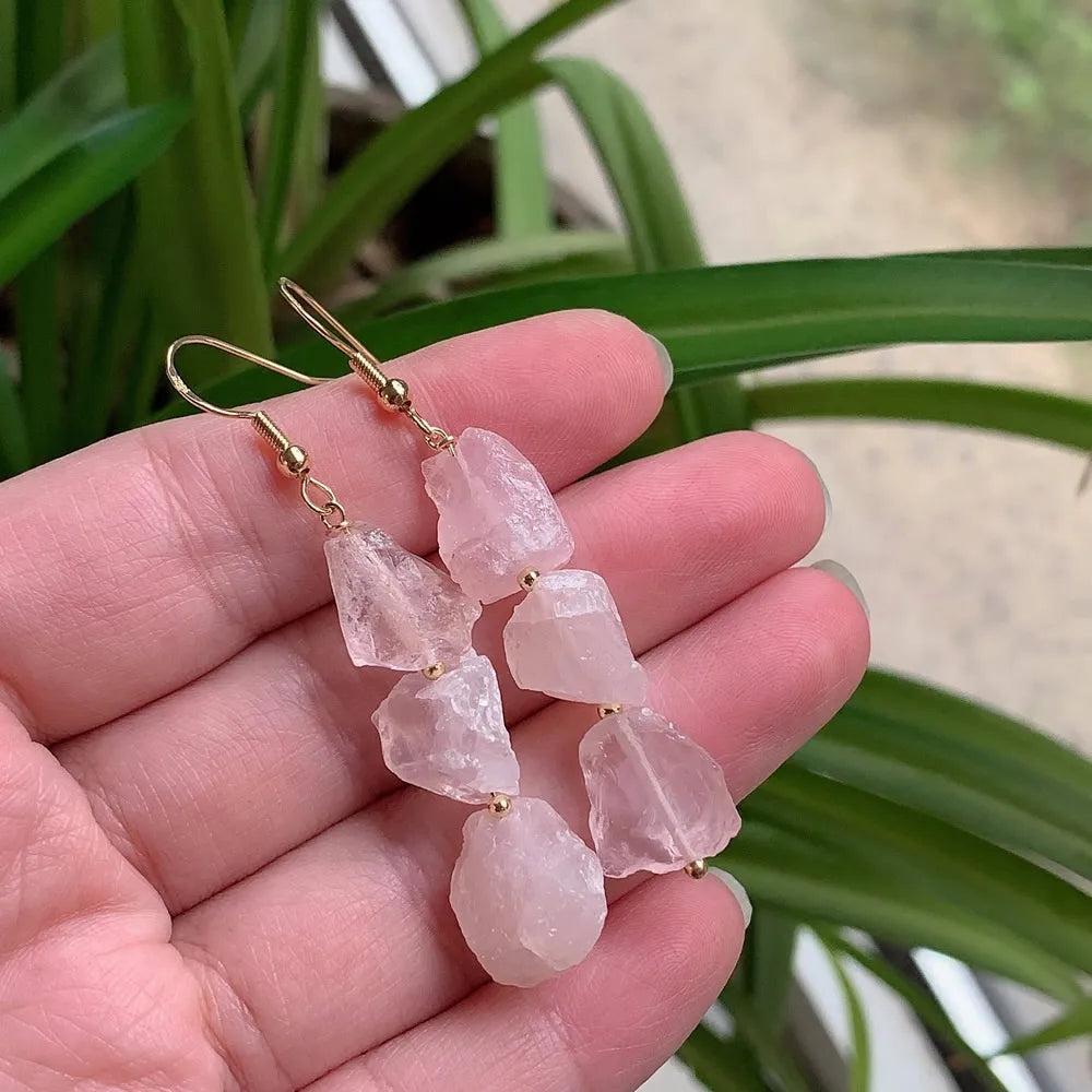 Vintage Natural Crystal Earrings for Women with irregular raw pink quartz, gold-color stainless steel.