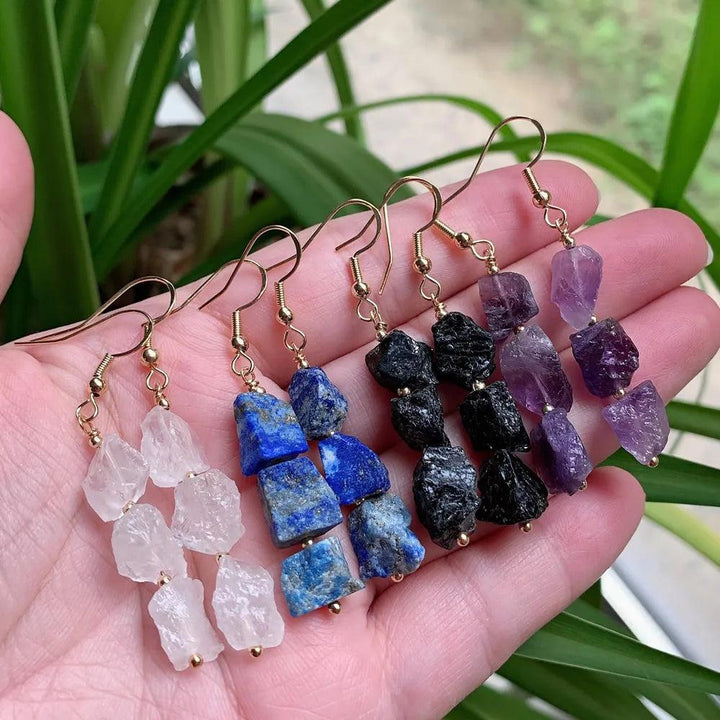 Natural Crystal Earrings with Irregular Ore Quartz, Lapis, Black Tourmaline, and Purple Crystal drop earrings.