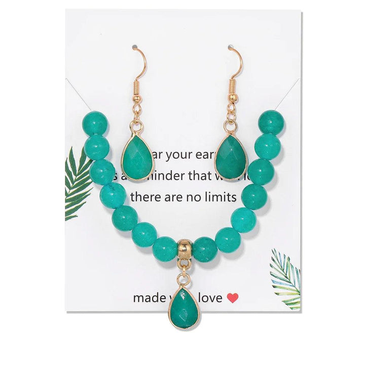 Green Granite crystal jewelry set with 8mm beaded stretch bracelet and matching teardrop earrings for heart chakra.