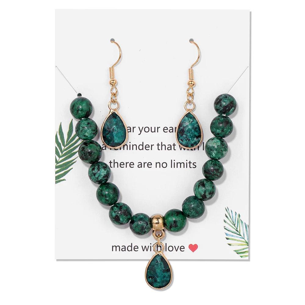 Green Granite crystal jewelry set featuring 8mm beaded stretch bracelet and matching water drop stone charm earrings.