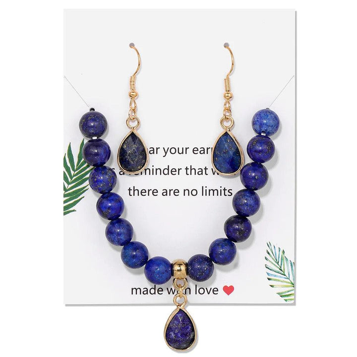 Lapis Lazuli crystal jewelry set featuring a beaded stretch bracelet and matching teardrop earrings for Third Eye energy.