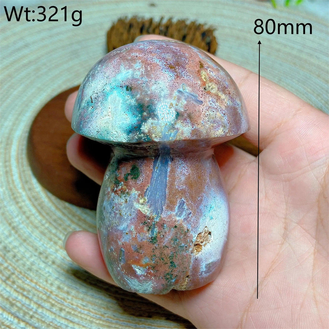 Colorful Ocean Jasper mushroom carving, 80mm, 321g. Natural crystal for healing energy and home decor.