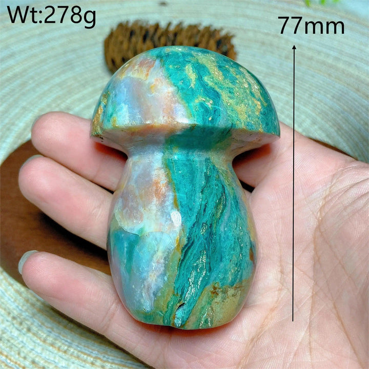 Colorful Ocean Jasper mushroom carving, 77mm, 278g. Natural crystal for energy, healing, and home decor.