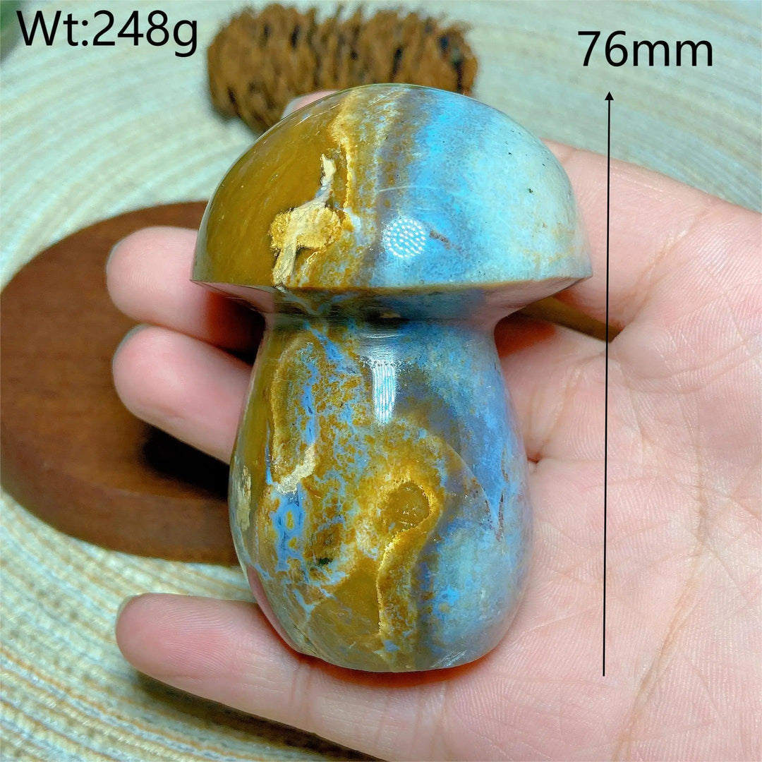 Colorful Ocean Jasper mushroom carving, 76mm, 248g, for Reiki and home decor.