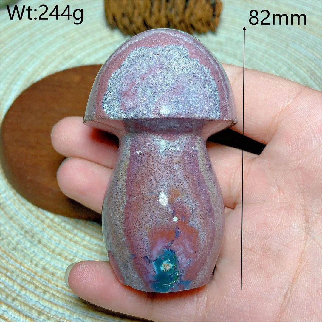 Colorful Ocean Jasper mushroom carving, 82mm, 244g. Natural crystal for Reiki, home decor, and energy healing.