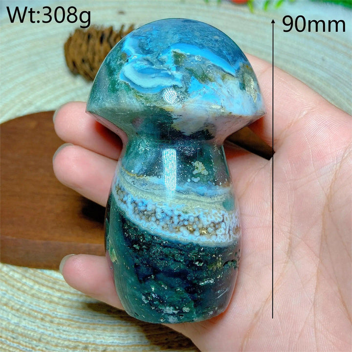 Colorful natural Ocean Jasper mushroom carving, 90mm, 308g. Unique druzy geode gemstone for Reiki and home decor.