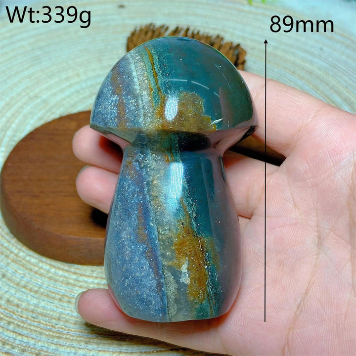 Colorful Ocean Jasper mushroom carving, 89mm, 339g, for Reiki and home decor.