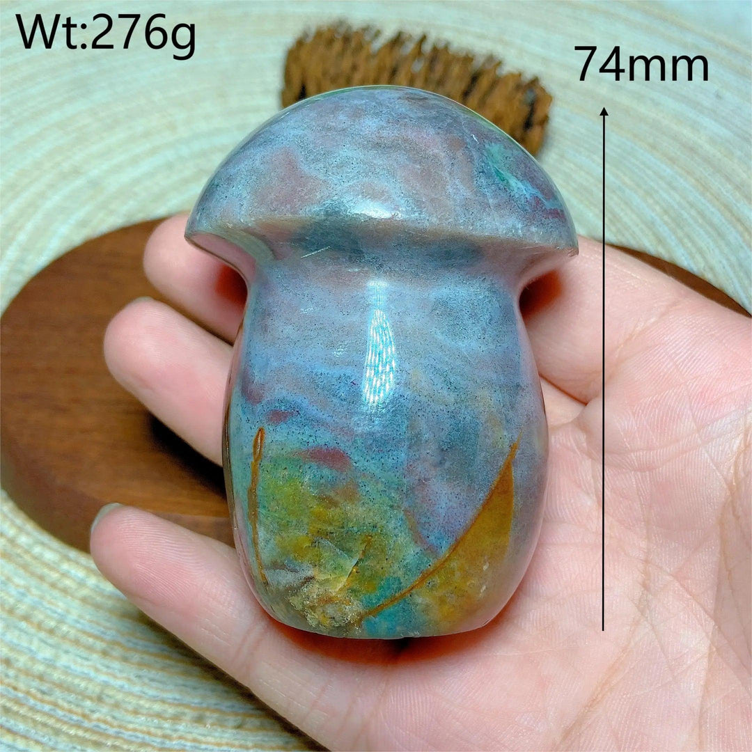Colorful Ocean Jasper mushroom carving, 74mm, 276g. Natural crystal for energy and home decor.