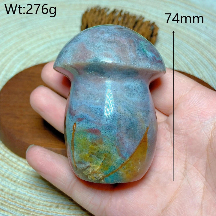 Colorful Ocean Jasper mushroom carving, 74mm, 276g. Natural crystal for energy and home decor.