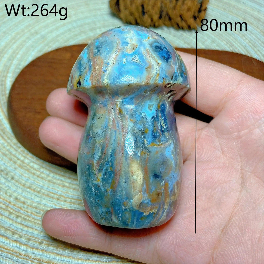 Colorful Ocean Jasper mushroom carving, 80mm, 264g. Natural crystal for Reiki and home decor.
