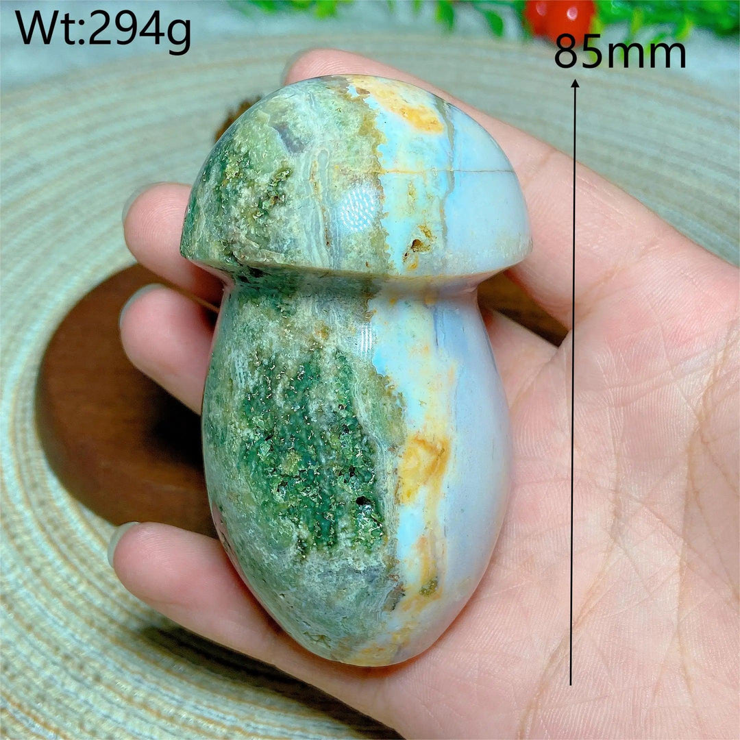 Colorful Ocean Jasper mushroom carving, 85mm, 294g, with druzy geode for energy and home decor.