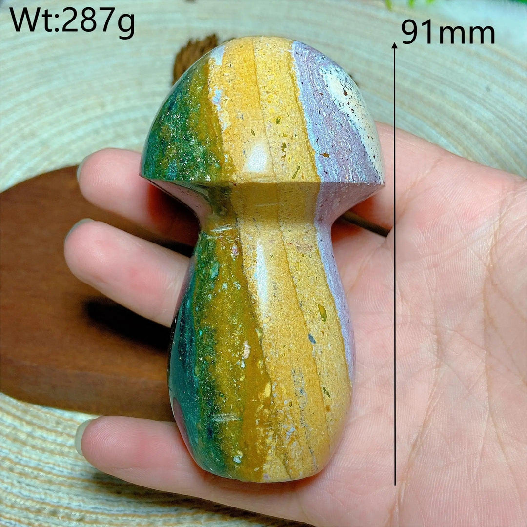 Colorful Ocean Jasper mushroom carving, 91mm, 287g, for Reiki and home decor. Natural crystal energy gift.
