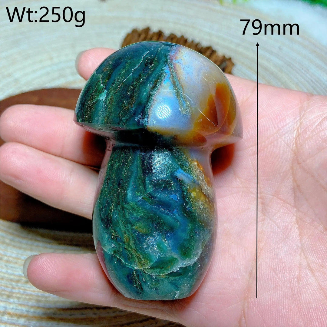 Colorful Ocean Jasper mushroom carving, 79mm, 250g, for energy healing and home decor.