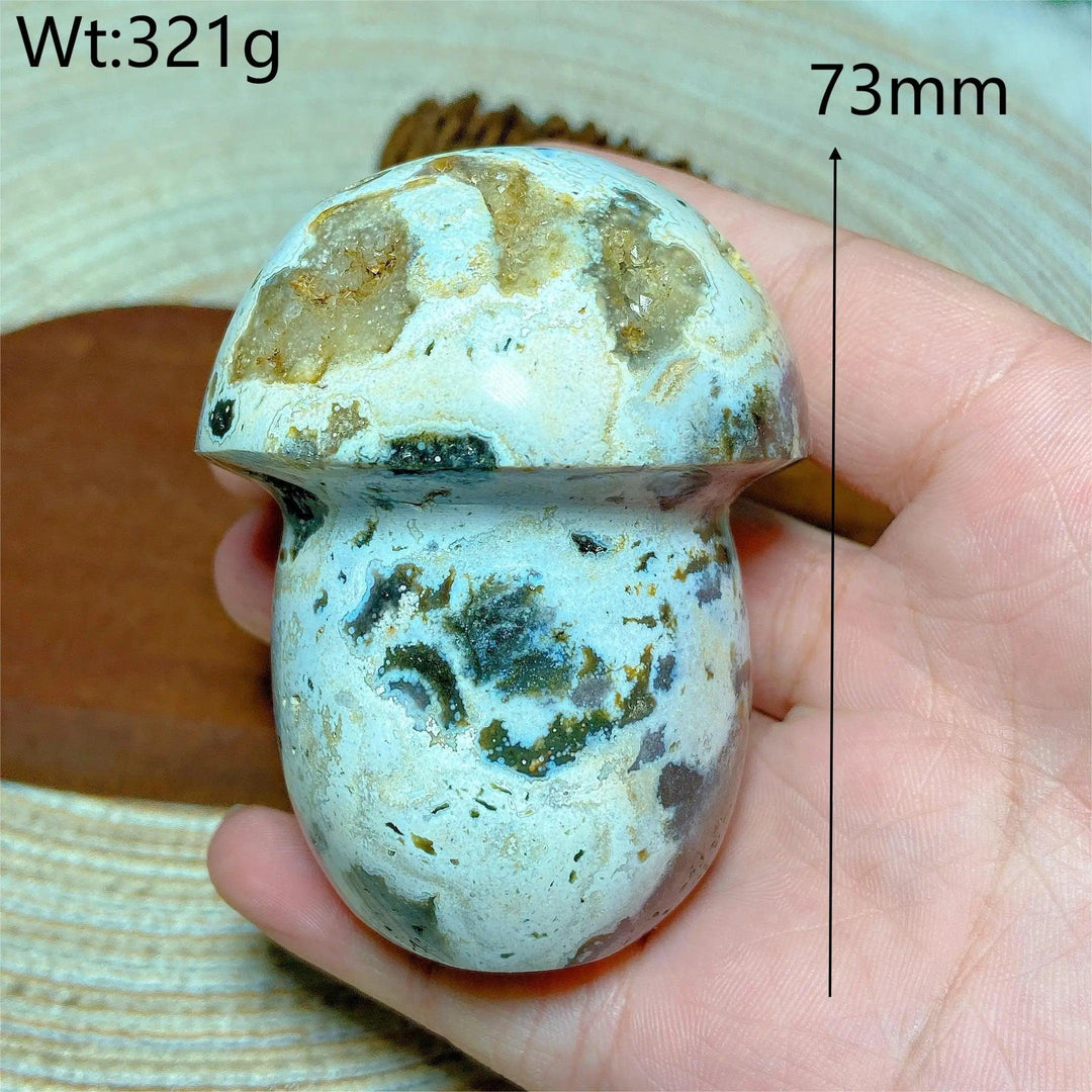 Natural Ocean Jasper mushroom carving with druzy geode, 73mm, 321g. Colorful mineral energy gift for home decor.