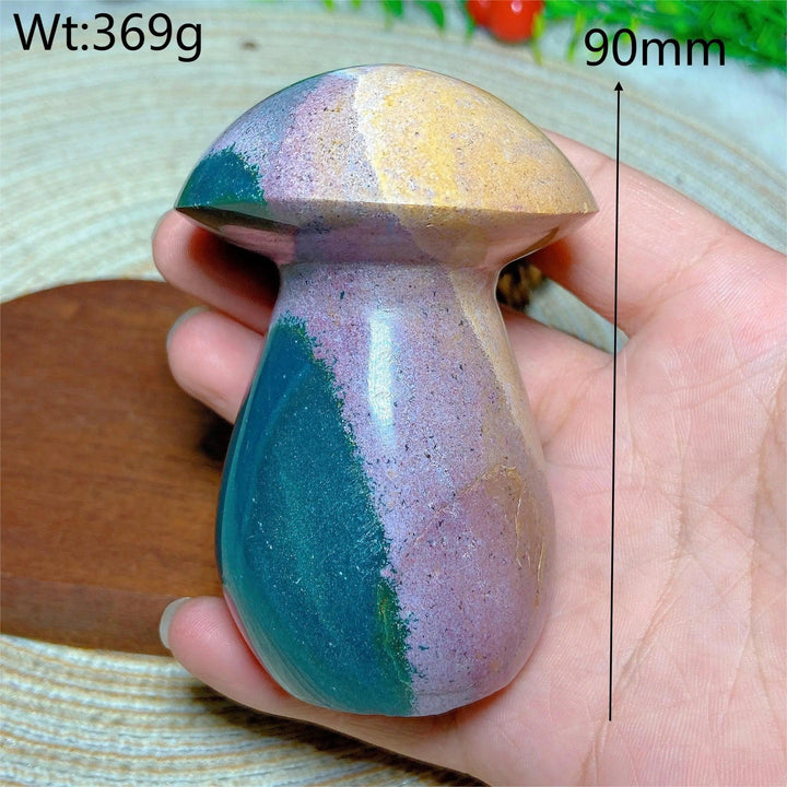 Colorful Ocean Jasper mushroom carving, 90mm, 369g, for Reiki and home decor.