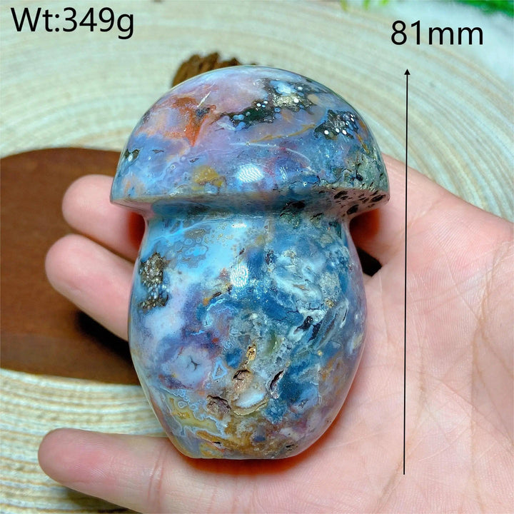 Colorful natural Ocean Jasper mushroom carving, 81mm, 349g, for Reiki and home decor.