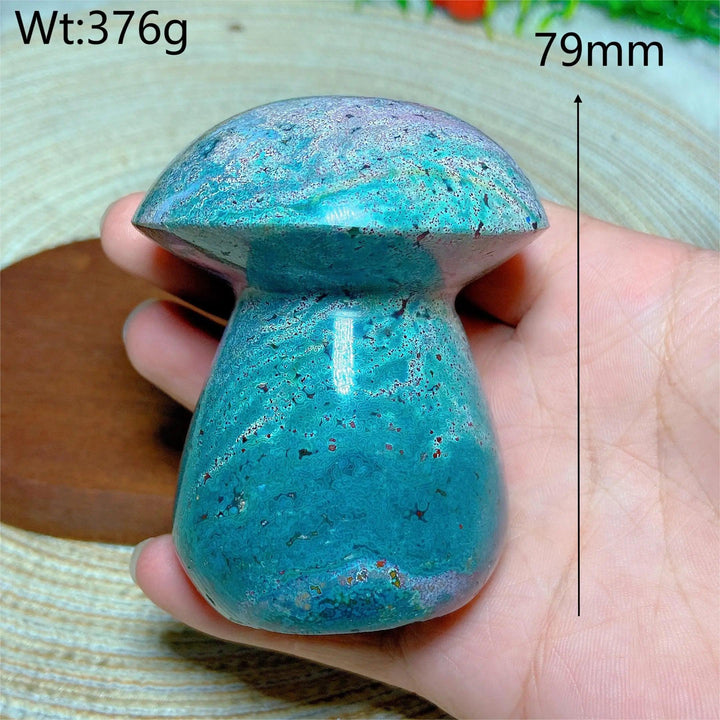 Colorful Ocean Jasper mushroom carving, 79mm, 376g, for Reiki and home decor.