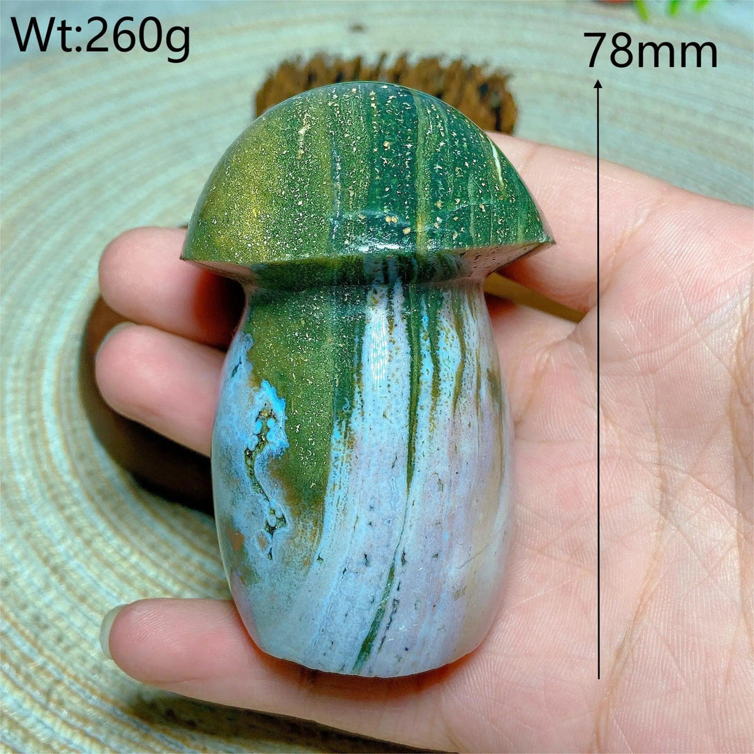 Colorful Ocean Jasper mushroom carving, 78mm, 260g, for Reiki and home decor.