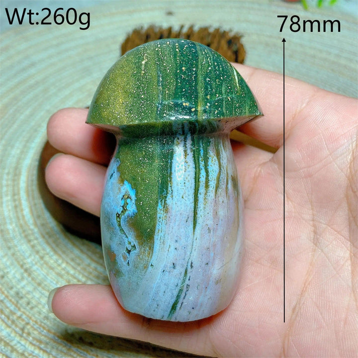 Colorful Ocean Jasper mushroom carving, 78mm, 260g, for Reiki and home decor.