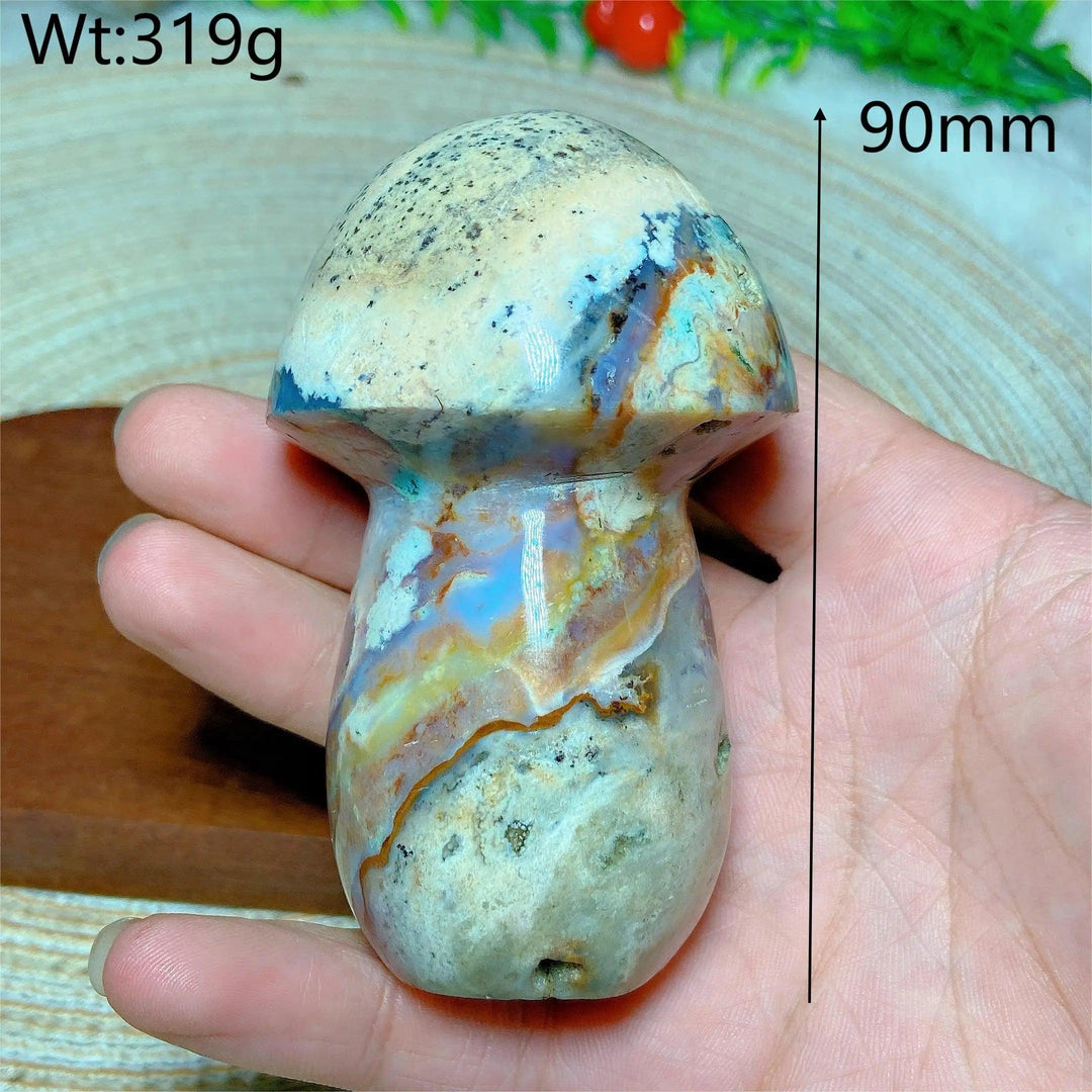 Colorful Ocean Jasper mushroom carving, 90mm, 319g. Natural crystal for Reiki and home decor.